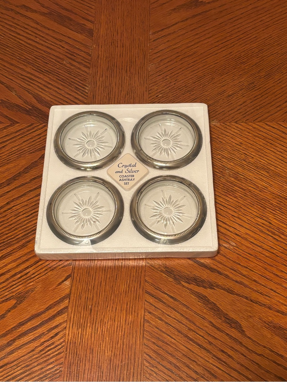 Vintage Eales 1779 Crystal and Silver Coaster Ashtray Set 4 Pc Starburst Italy